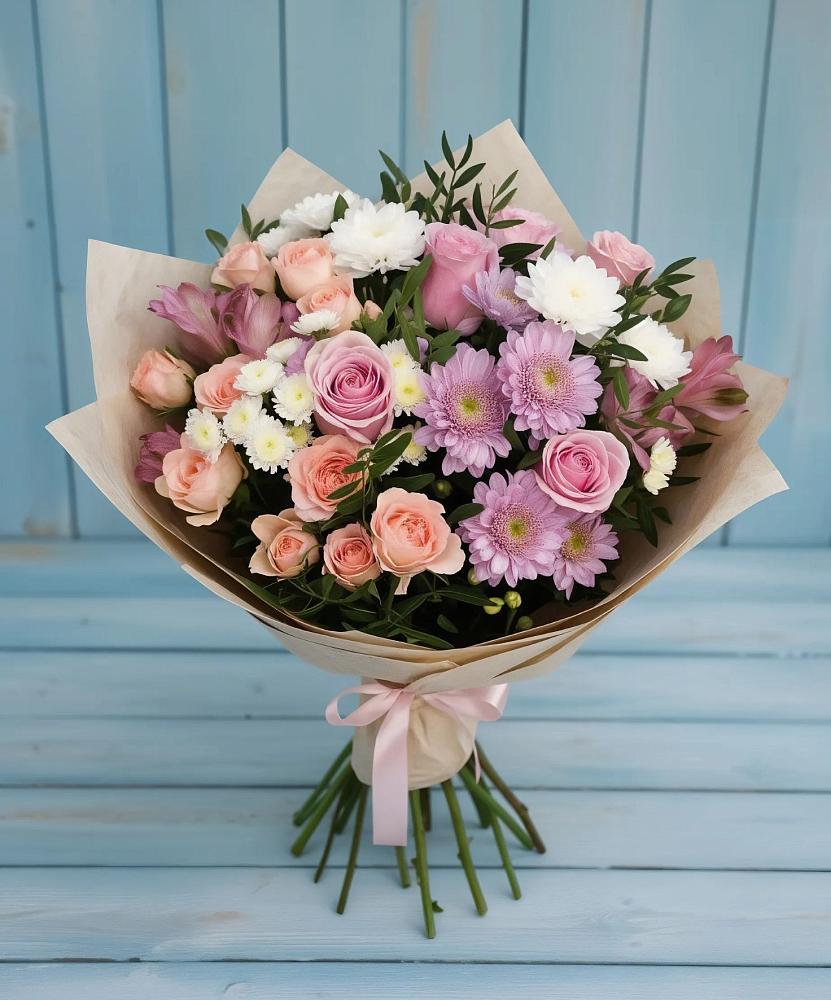 Букет цветов из: Хризантемы, Розы и Альстромерии в Новодонецкой