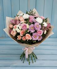 Букет цветов из:  Хризантемы, Розы и Альстромерии #REPLACE_PRED# Новодонецкой