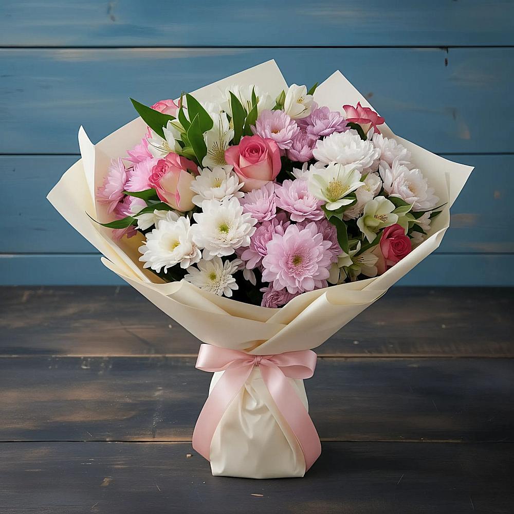 Букет цветов из: Хризантемы, Альстромерии и Розы в Новодонецкой